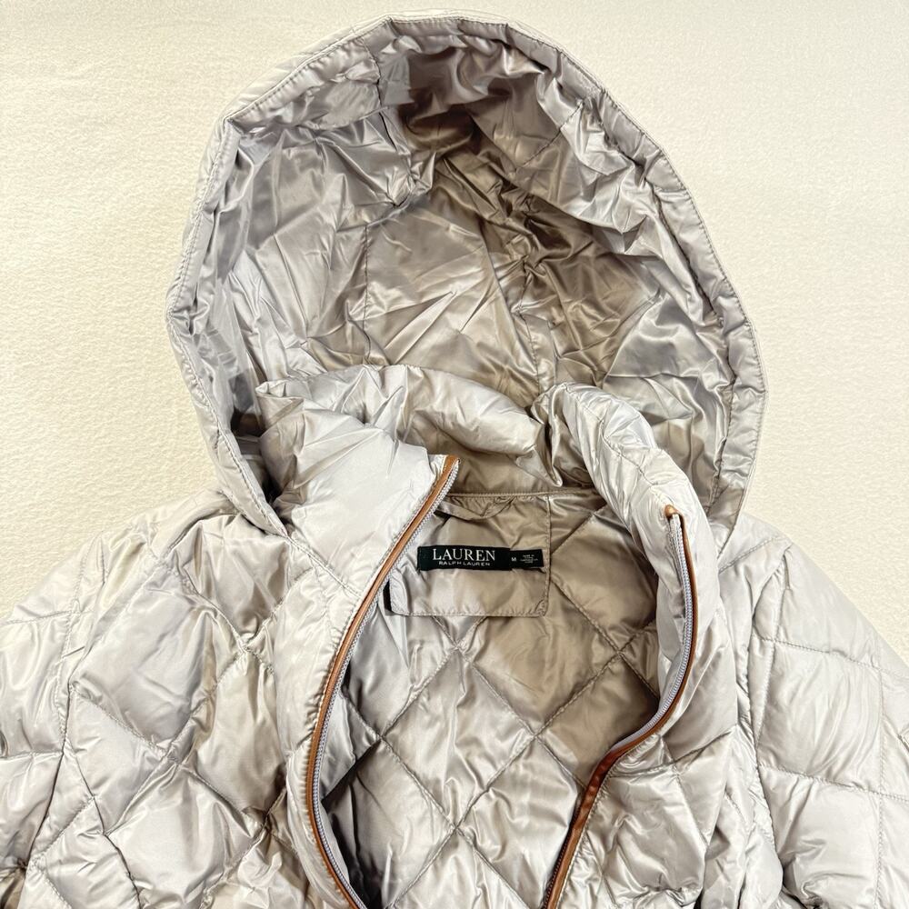 Lauren Ralph Lauren Womens Medium Quilted Puffer Jacket Gray Faux Leather Trim - Picture 9 of 14